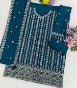 Teal silk blend zari work semi stitched salwar suits