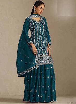 Teal silk blend zari work semi stitched salwar suits 2