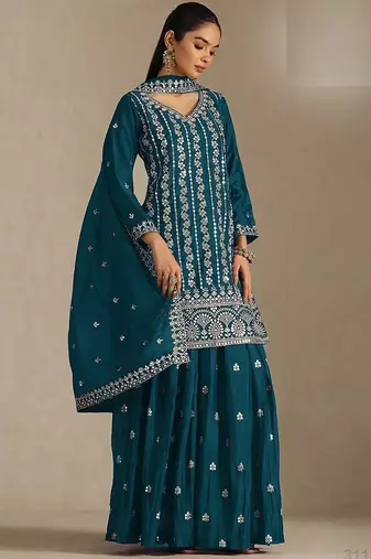 Teal silk blend zari work semi stitched salwar suits