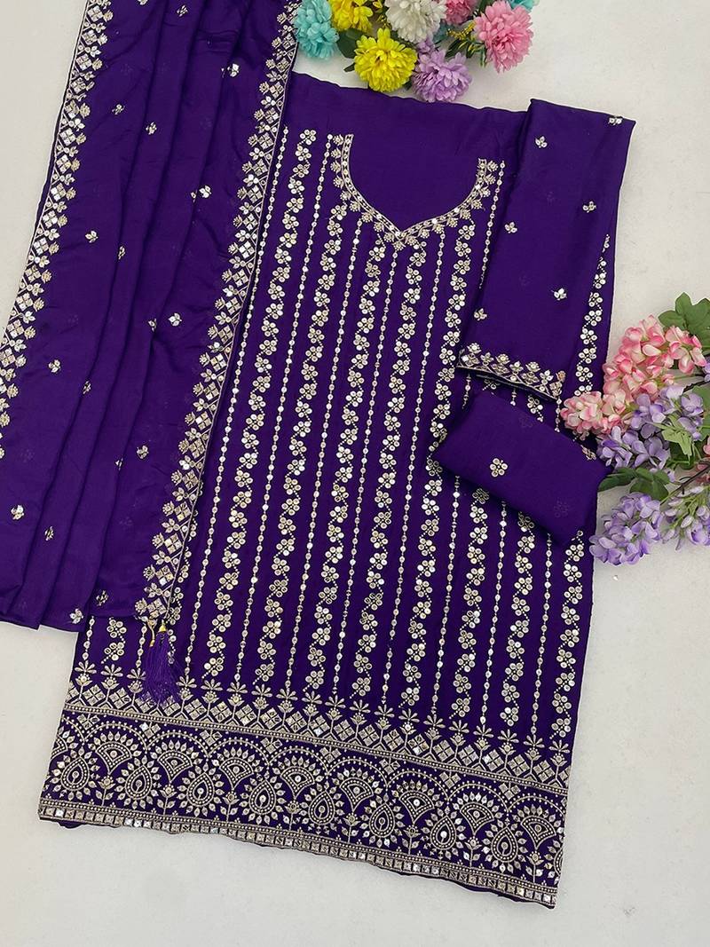 Purple silk blend zari work semi stitched salwar suits
