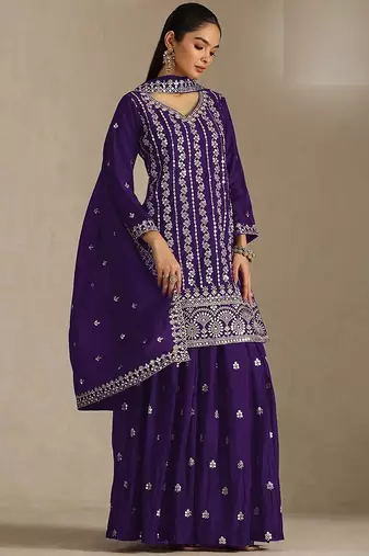 Purple silk blend zari work semi stitched salwar suits