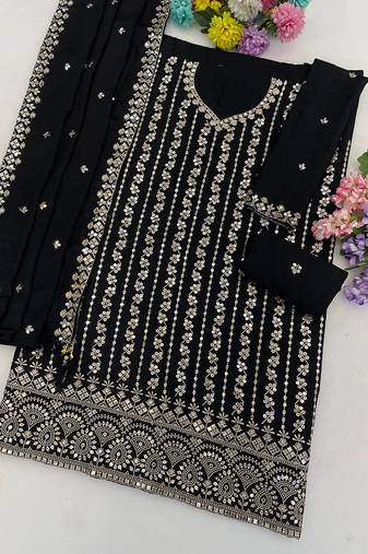 Black silk blend zari work semi stitched salwar suits