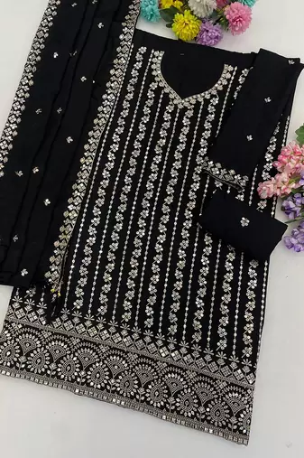 Black silk blend zari work semi stitched salwar suits
