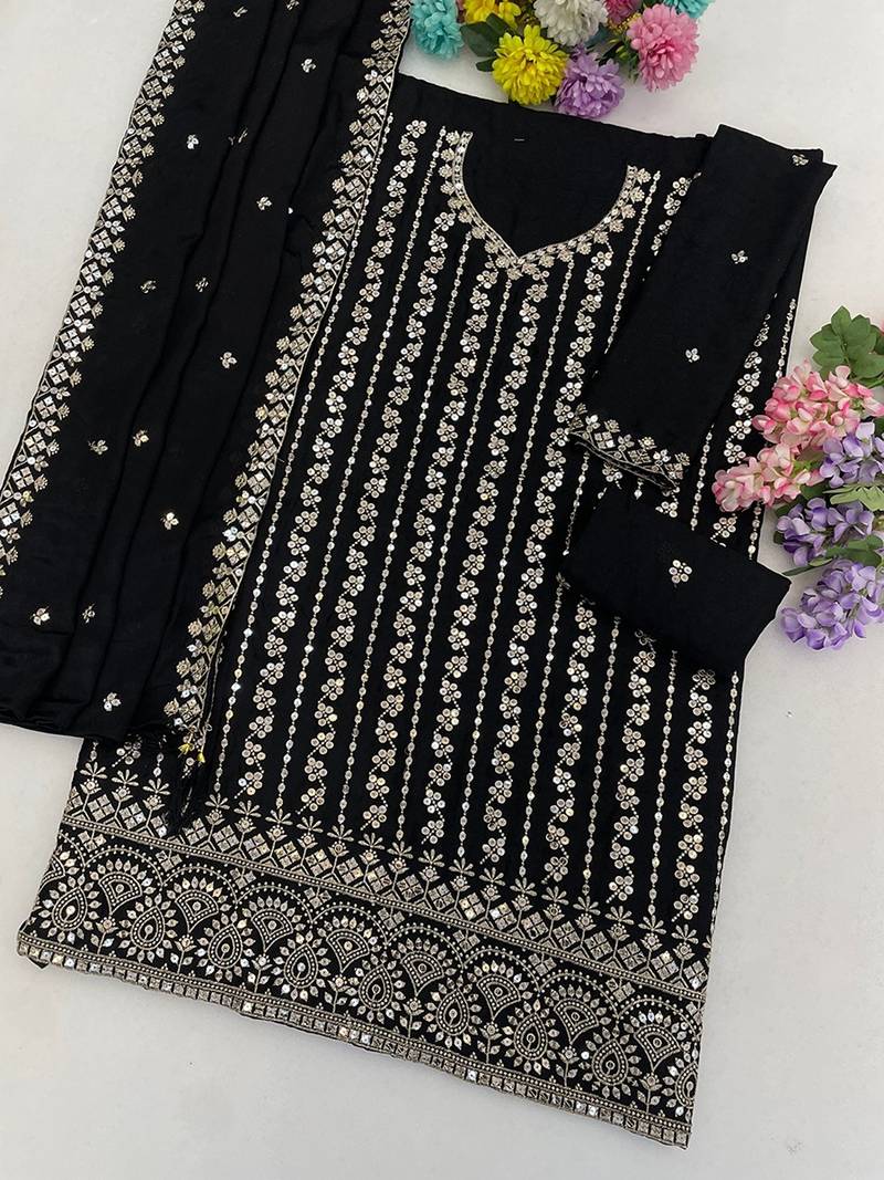 Black silk blend zari work semi stitched salwar suits