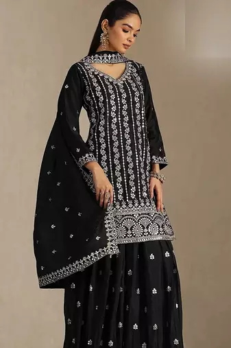 Black silk blend zari work semi stitched salwar suits