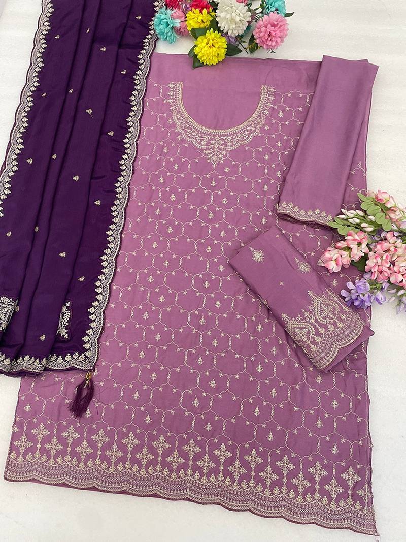 Lavender silk blend zari work semi stitched salwar suits