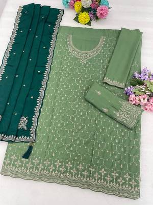 Sage green silk blend zari work semi stitched salwar suits 1