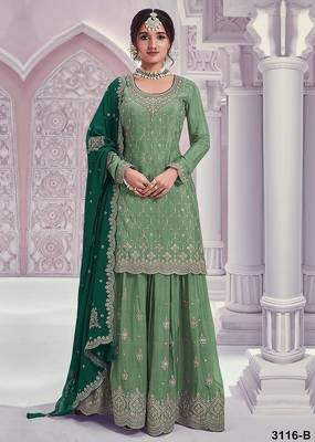 Sage green silk blend zari work semi stitched salwar suits 2