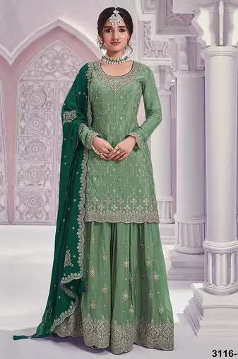 Sage green silk blend zari work semi stitched salwar suits