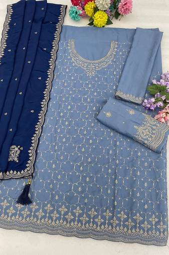 Sky blue silk blend zari work semi stitched salwar suits