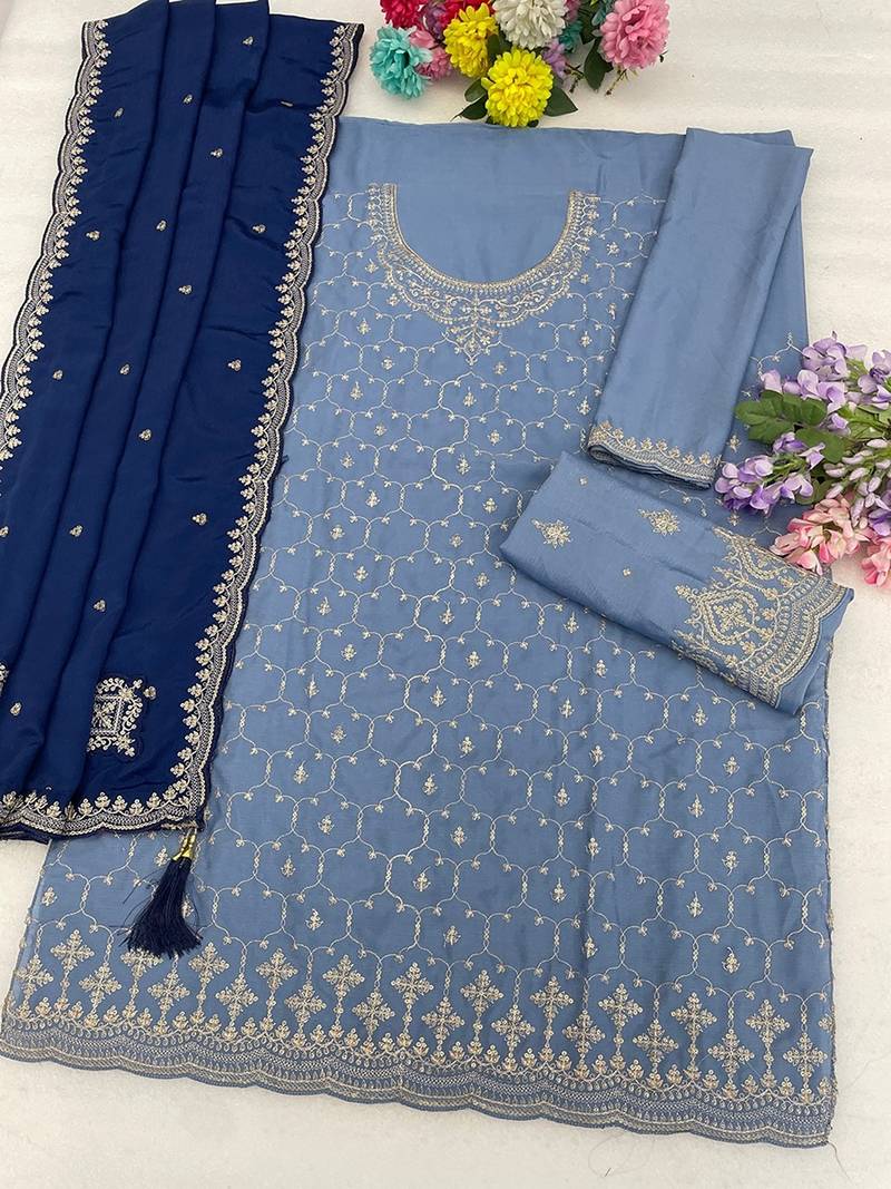 Sky blue silk blend zari work semi stitched salwar suits