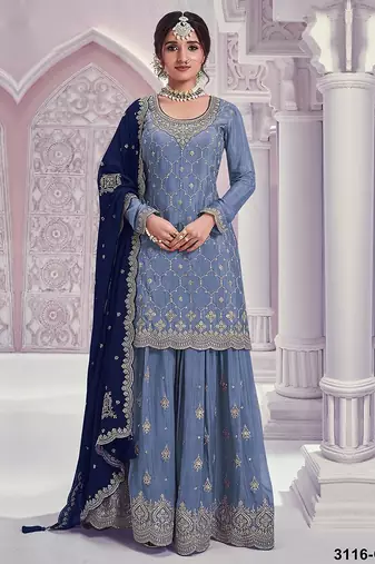 Sky blue silk blend zari work semi stitched salwar suits