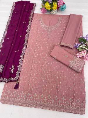 Dusty rose silk blend zari work semi stitched salwar suits 1