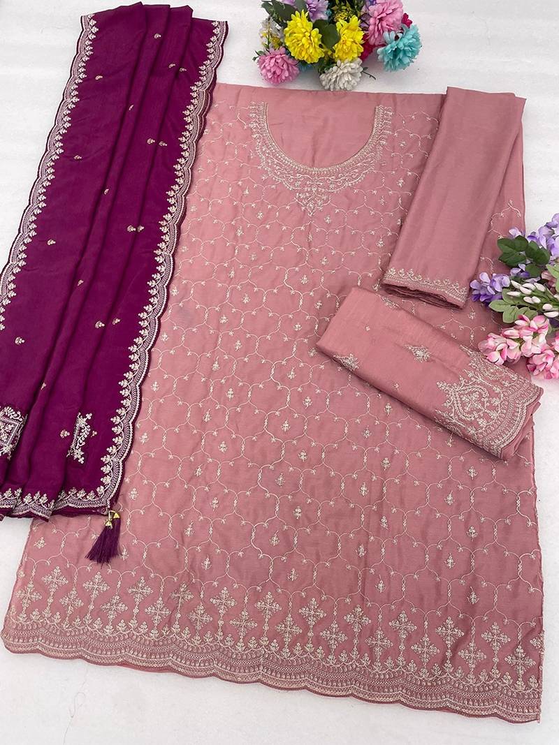 Dusty rose silk blend zari work semi stitched salwar suits