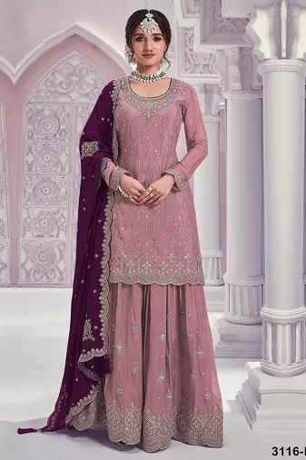 Dusty rose silk blend zari work semi stitched salwar suits
