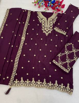 Wine silk blend zari work semi stitched salwar suits 1