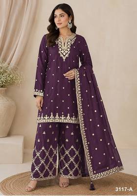 Wine silk blend zari work semi stitched salwar suits 2