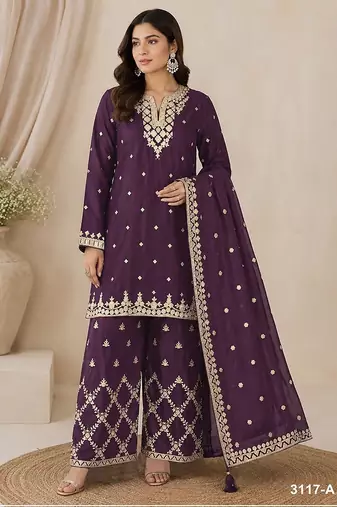 Wine silk blend zari work semi stitched salwar suits