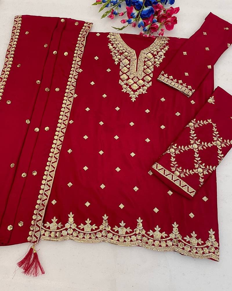 Rani pink silk blend zari work semi stitched salwar suits