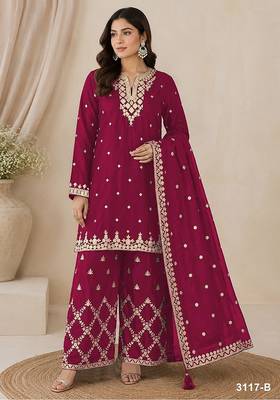 Rani pink silk blend zari work semi stitched salwar suits 2