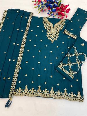 Teal silk blend zari work semi stitched salwar suits 1