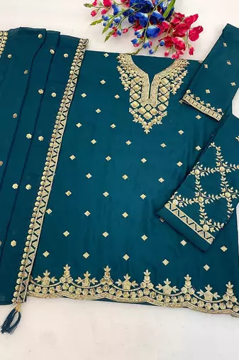 Teal silk blend zari work semi stitched salwar suits