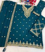 Teal silk blend zari work semi stitched salwar suits