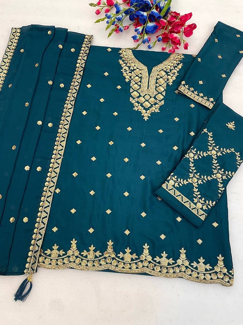 Teal silk blend zari work semi stitched salwar suits