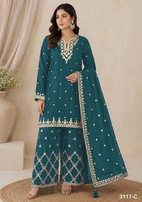 Teal silk blend zari work semi stitched salwar suits 2