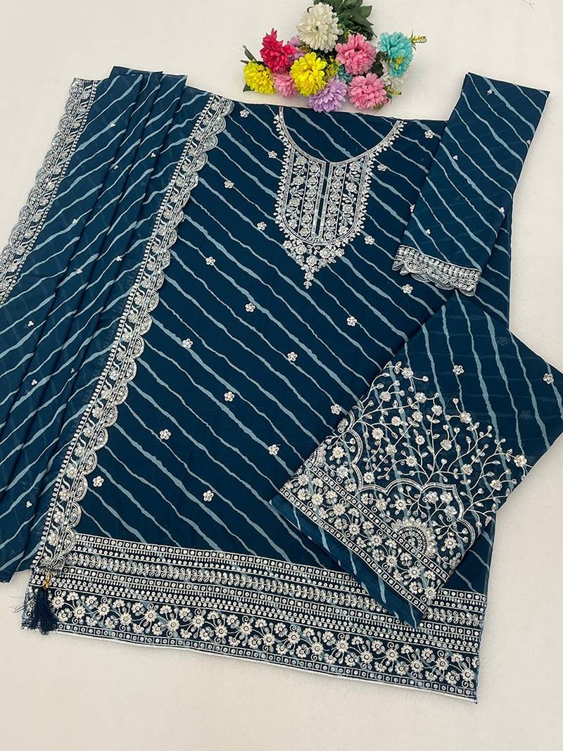 Teal faux georgette geometric print semi stitched salwar suits