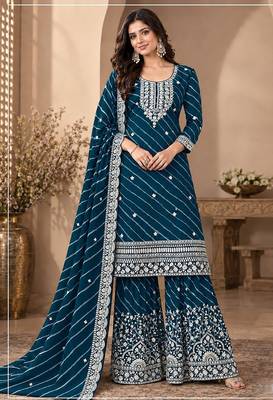 Teal faux georgette geometric print semi stitched salwar suits 2