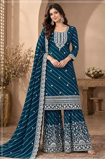 Teal faux georgette geometric print semi stitched salwar suits