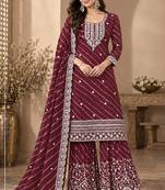 Maroon faux georgette geometric print semi stitched salwar suits