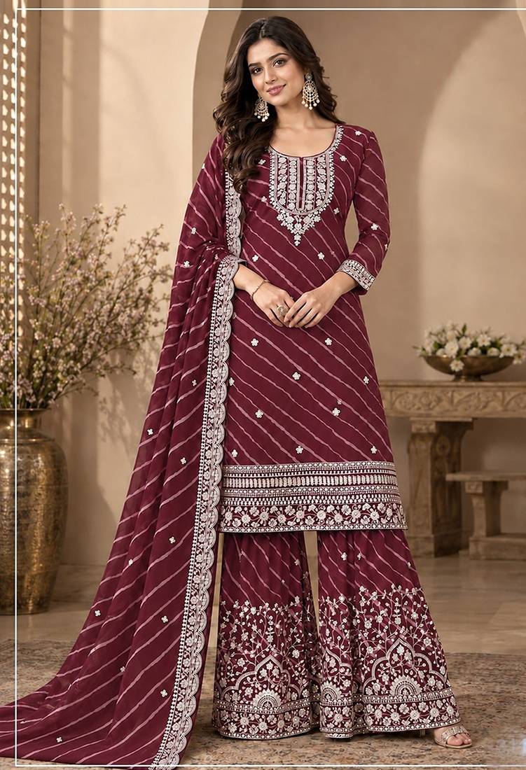 Maroon faux georgette geometric print semi stitched salwar suits