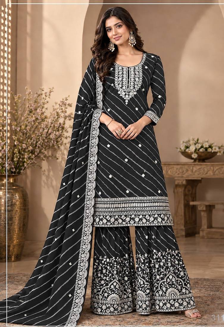 Black faux georgette geometric print semi stitched salwar suits