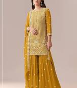 Mustard yellow faux georgette beads semi stitched salwar suits