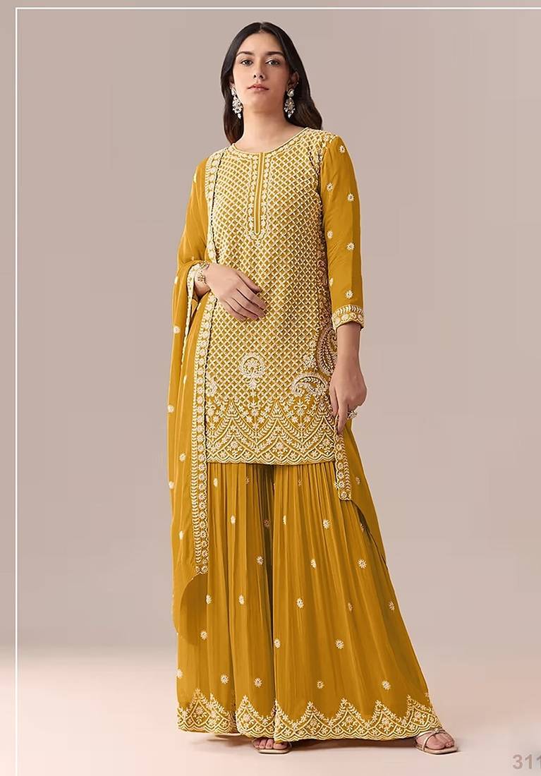 Mustard yellow faux georgette beads semi stitched salwar suits