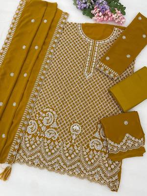 Mustard yellow faux georgette beads semi stitched salwar suits 2
