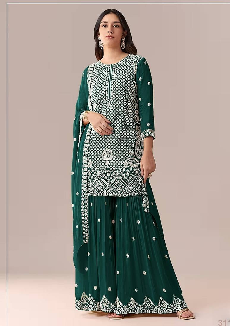 Emerald green faux georgette beads semi stitched salwar suits