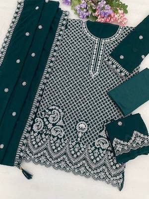 Emerald green faux georgette beads semi stitched salwar suits 2