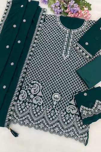 Emerald green faux georgette beads semi stitched salwar suits