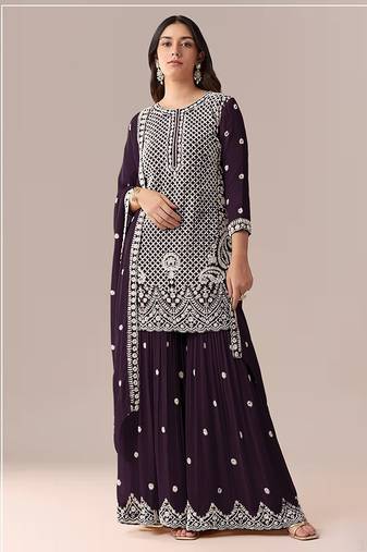 Wine faux georgette beads semi stitched salwar suits