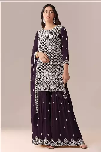 Wine faux georgette beads semi stitched salwar suits