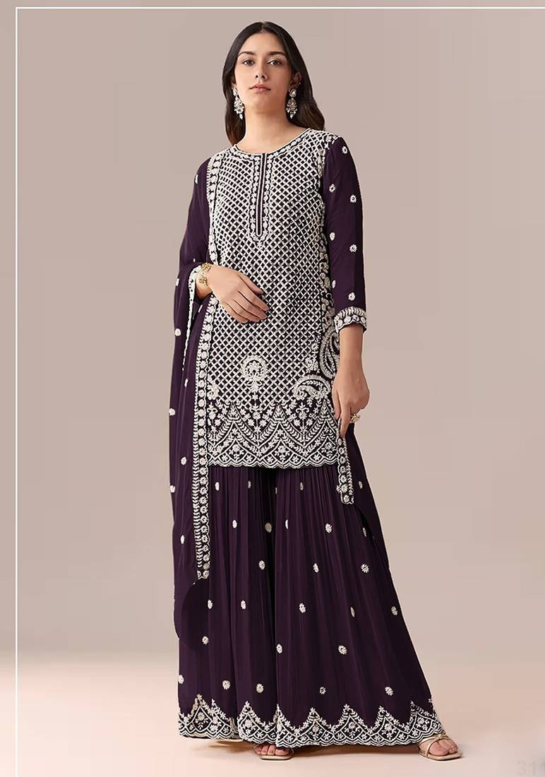 Wine faux georgette beads semi stitched salwar suits