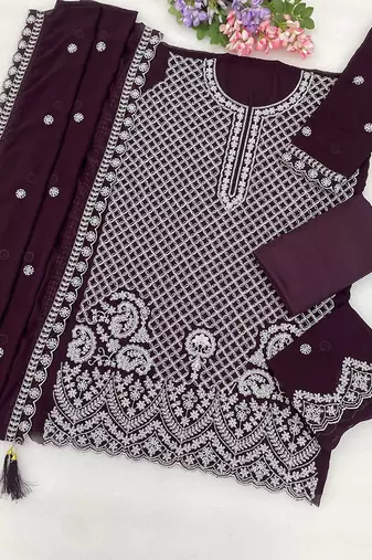 Wine faux georgette beads semi stitched salwar suits