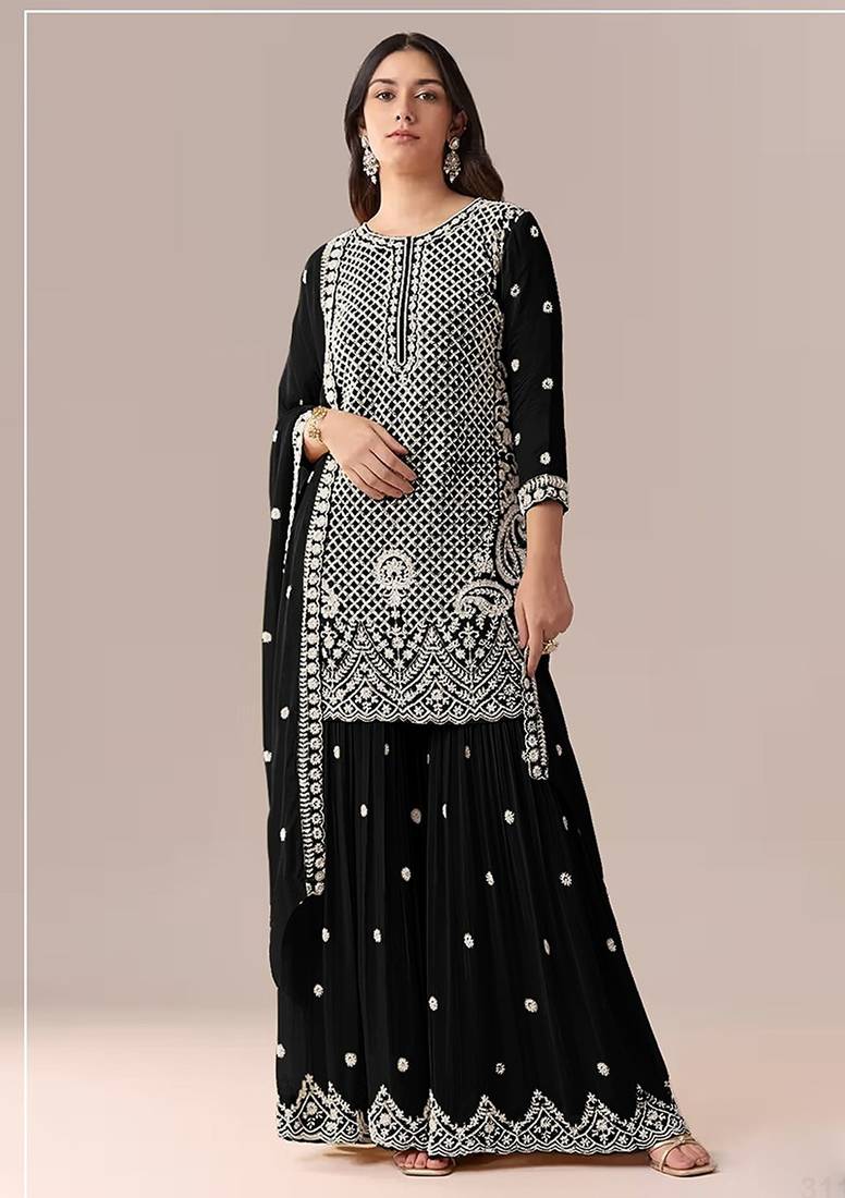 Black faux georgette beads semi stitched salwar suits