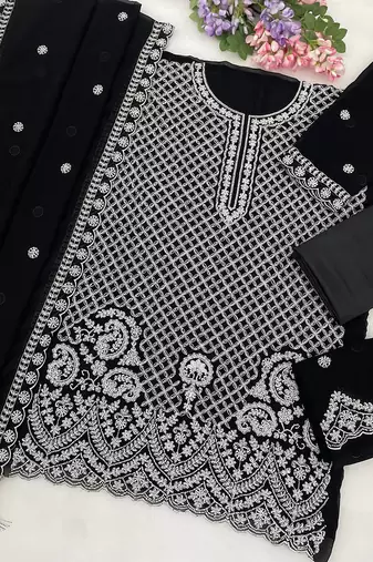Black faux georgette beads semi stitched salwar suits