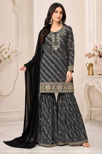 Black faux georgette geometric print semi stitched salwar suits