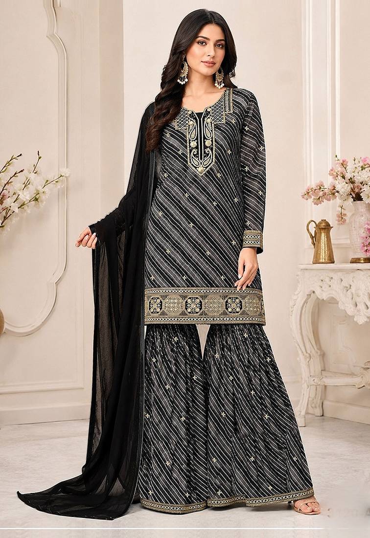 Black faux georgette geometric print semi stitched salwar suits