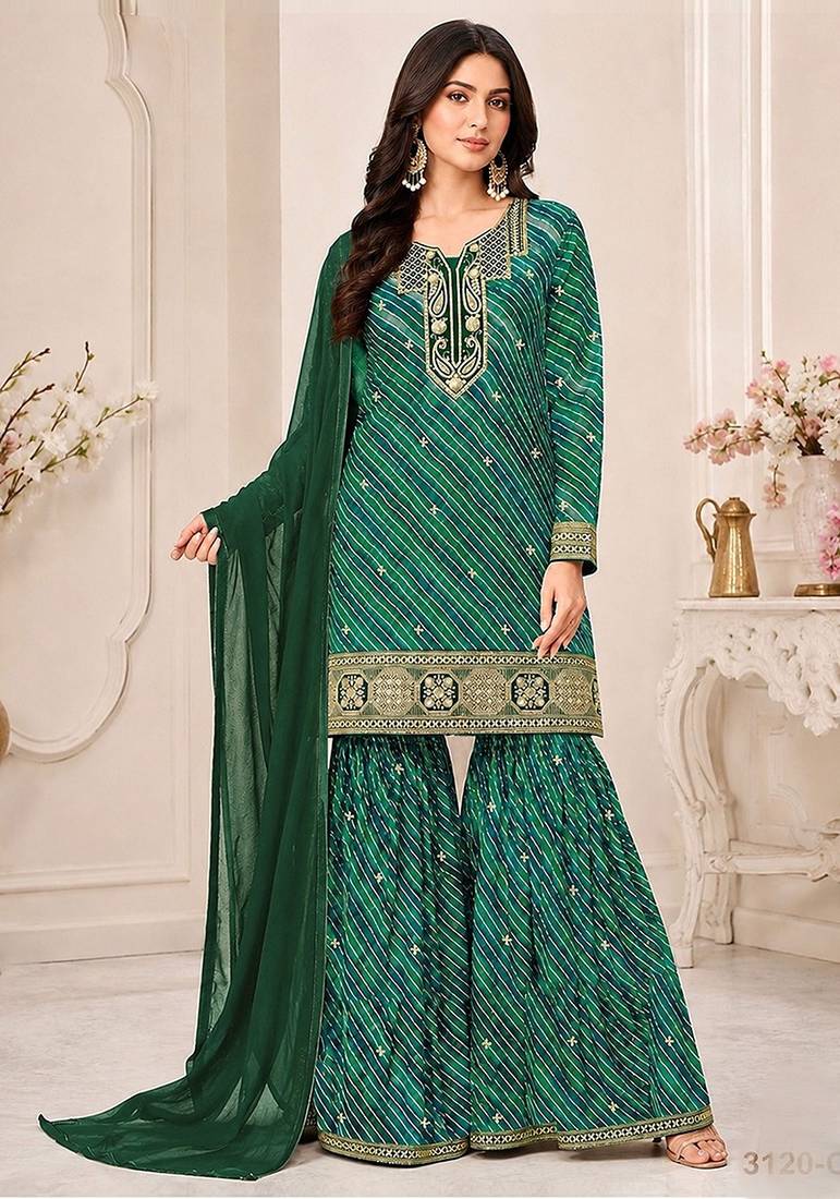 Emerald green faux georgette geometric print semi stitched salwar suits